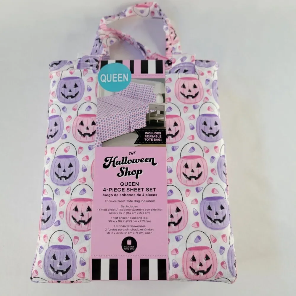 Halloween Pink Purple White QUEEN 4pc Sheets Set Trick Treat Buckets Candy Corn